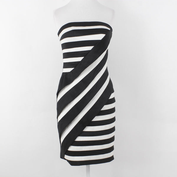 Cartise Sz 2 Black White Asymmetric Stripe Solid Back Lined Strapless Poly Dress