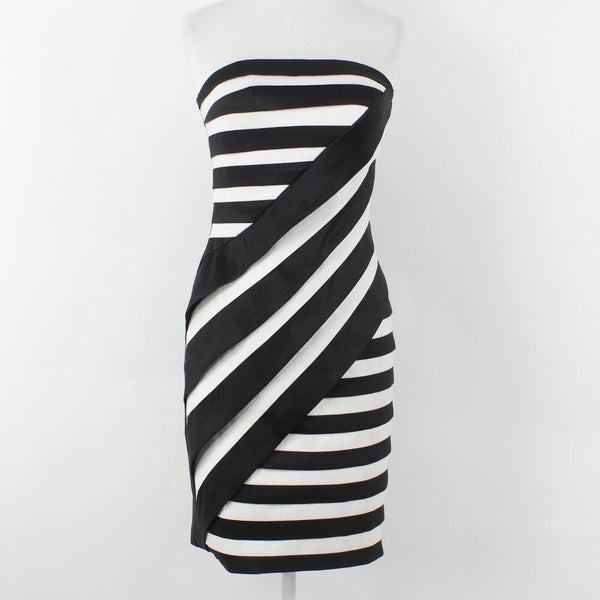 Cartise Sz 2 Black White Asymmetric Stripe Solid Back Lined Strapless Poly Dress