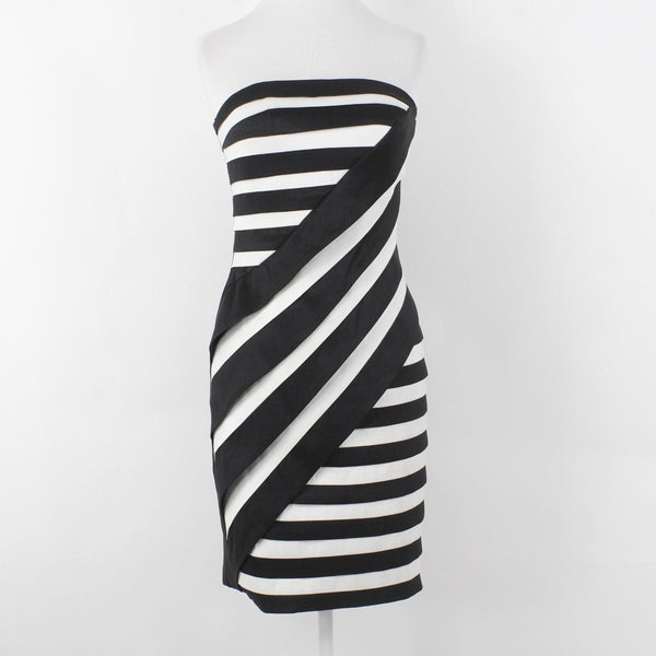 Cartise Sz 2 Black White Asymmetric Stripe Solid Back Lined Strapless Poly Dress
