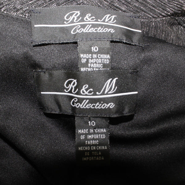R & M Sz 10 Black Silver Metallic Sheer Lined Polyester Sheath Jacketed Dress