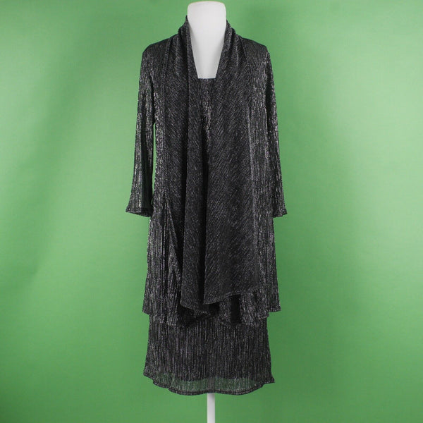 R & M Sz 10 Black Silver Metallic Sheer Lined Polyester Sheath Jacketed Dress