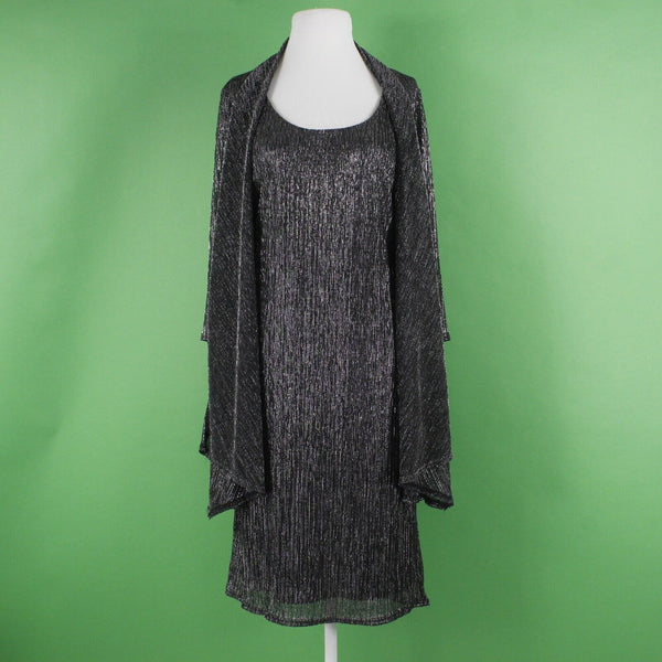 R & M Sz 10 Black Silver Metallic Sheer Lined Polyester Sheath Jacketed Dress