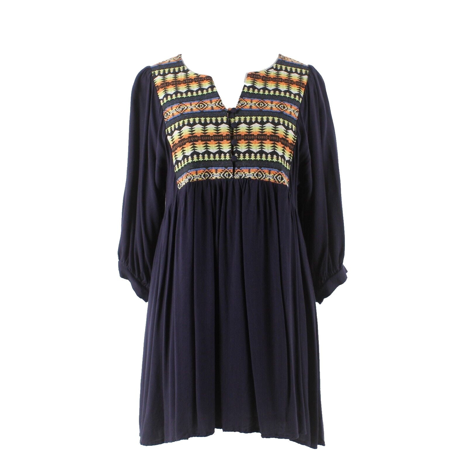 Umgee Sz S Navy Blue Multi Applique Front Gathered Cotton Poly Flowing Dress