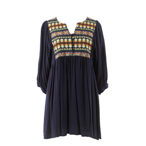 Umgee Sz S Navy Blue Multi Applique Front Gathered Cotton Poly Flowing Dress