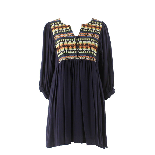 Umgee Sz S Navy Blue Multi Applique Front Gathered Cotton Poly Flowing Dress