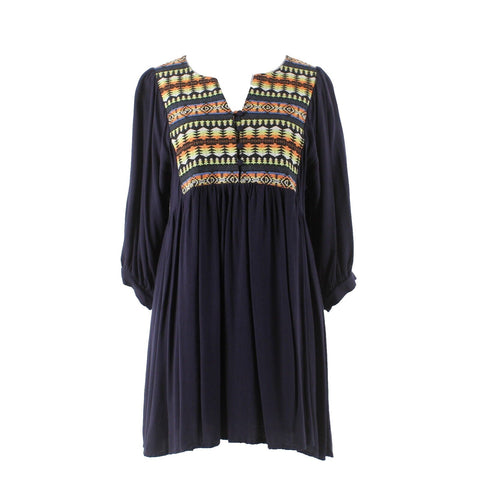 Umgee Sz S Navy Blue Multi Applique Front Gathered Cotton Poly Flowing Dress