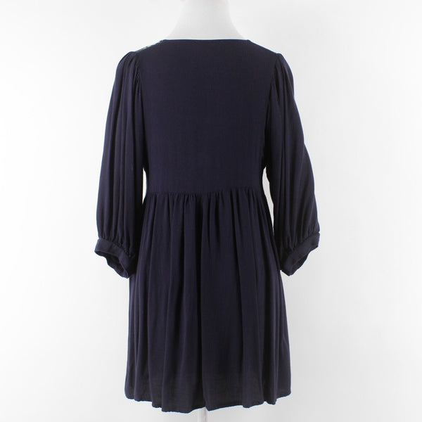 Umgee Sz S Navy Blue Multi Applique Front Gathered Cotton Poly Flowing Dress