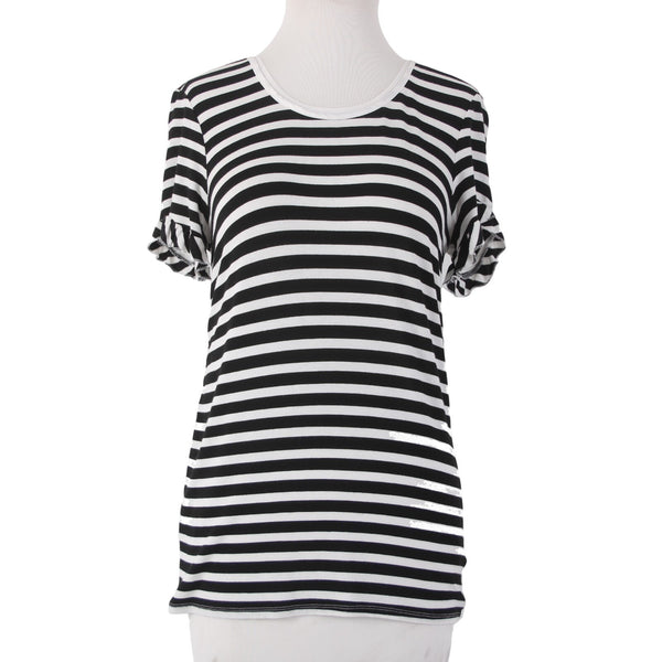 Marled Top Sz XS Black White Striped Round Bodycon Neck Rayon Spandex Top