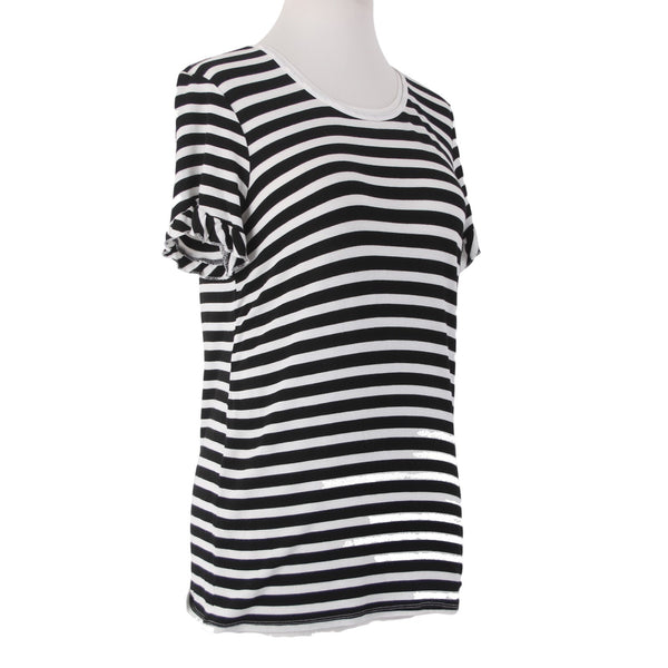 Marled Top Sz XS Black White Striped Round Bodycon Neck Rayon Spandex Top