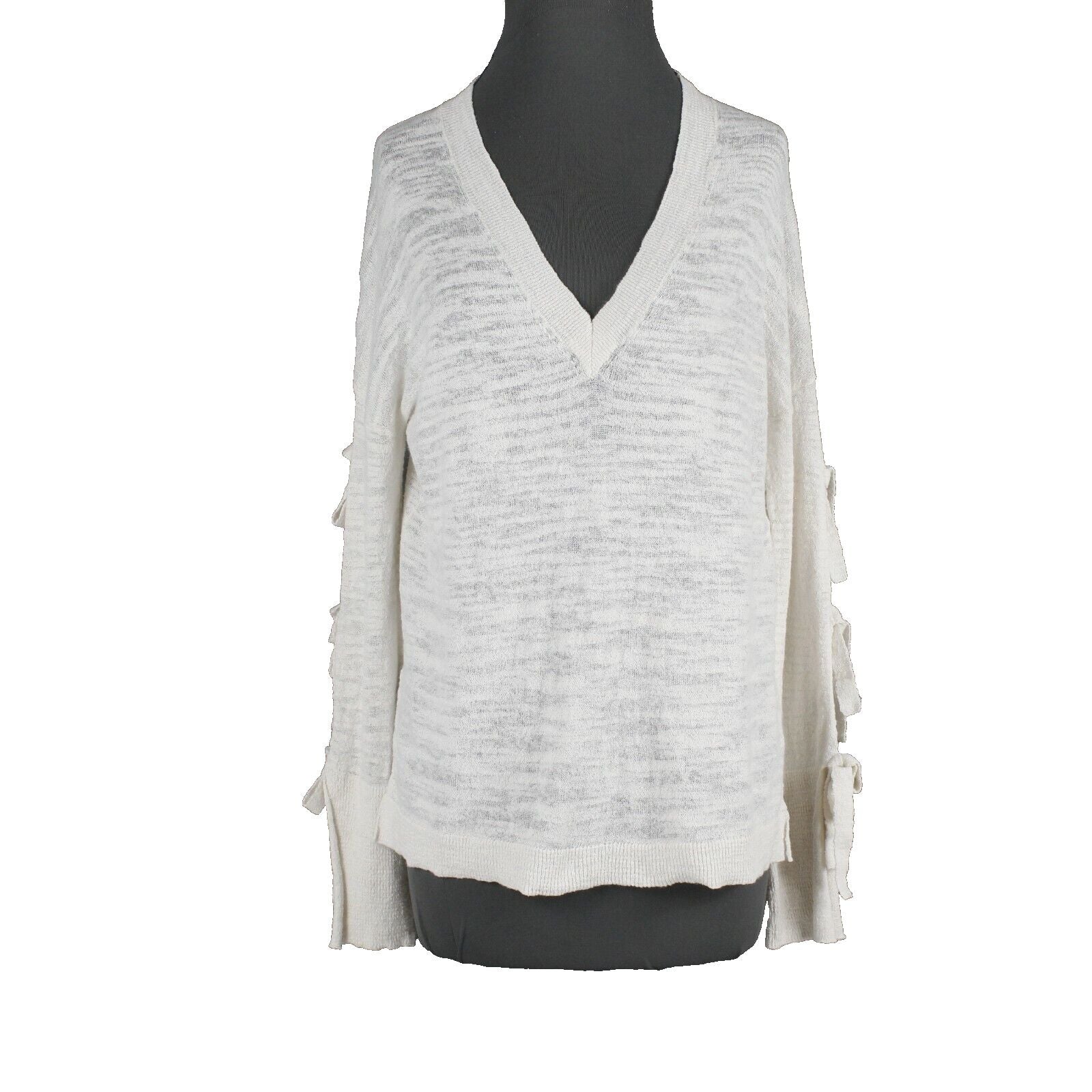 Minnie Rose Sz XS Cream Tan Knit Tie Sleeves V Neck Linen Top