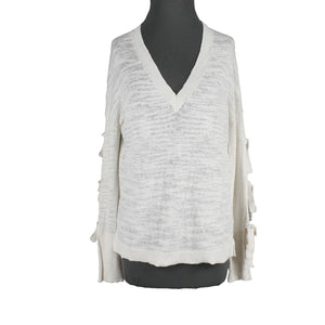 Minnie Rose Sz XS Cream Tan Knit Tie Sleeves V Neck Linen Top