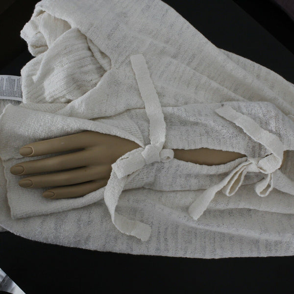 Minnie Rose Sz XS Cream Tan Knit Tie Sleeves V Neck Linen Top