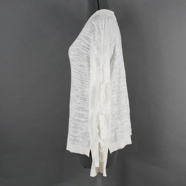 Minnie Rose Sz XS Cream Tan Knit Tie Sleeves V Neck Linen Top