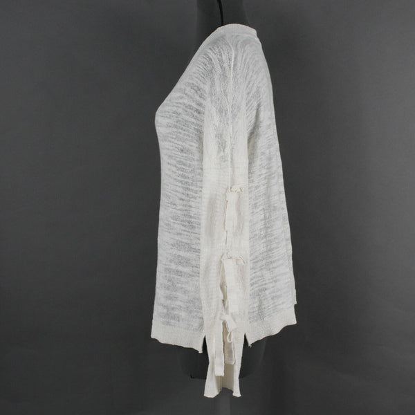 Minnie Rose Sz XS Cream Tan Knit Tie Sleeves V Neck Linen Top