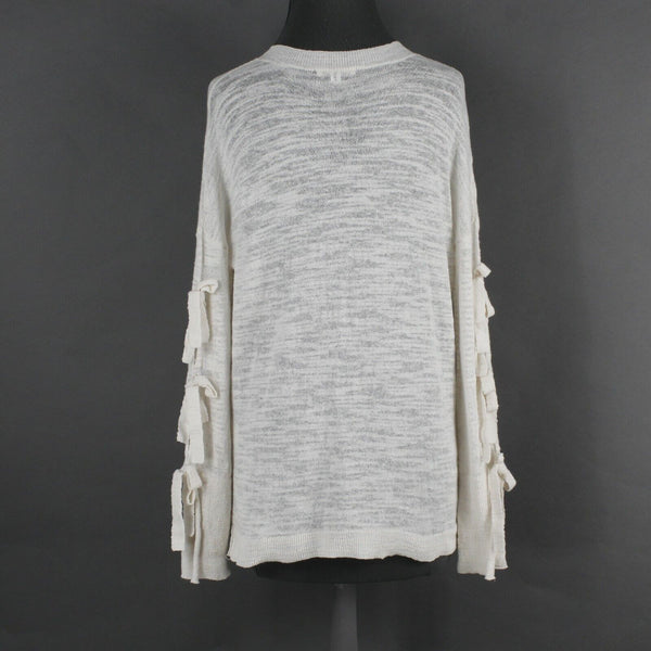 Minnie Rose Sz XS Cream Tan Knit Tie Sleeves V Neck Linen Top