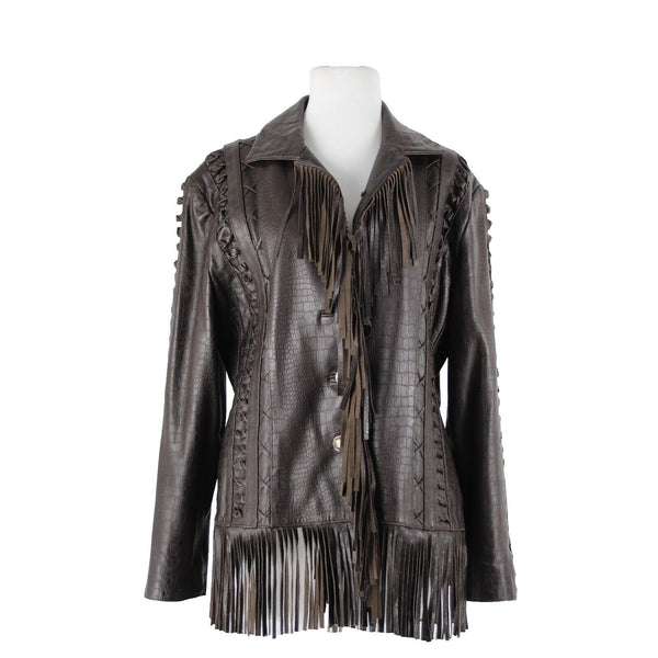 St John Sport Sz L Brown Fringed Western  Braided 100% Leather Poly Lined Jacket