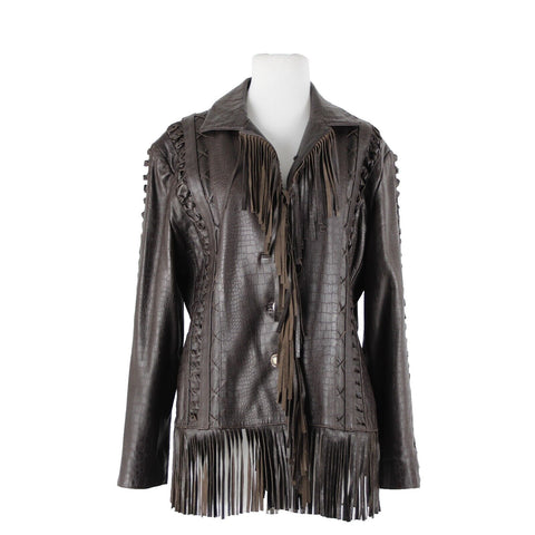St John Sport Sz L Brown Fringed Western  Braided 100% Leather Poly Lined Jacket