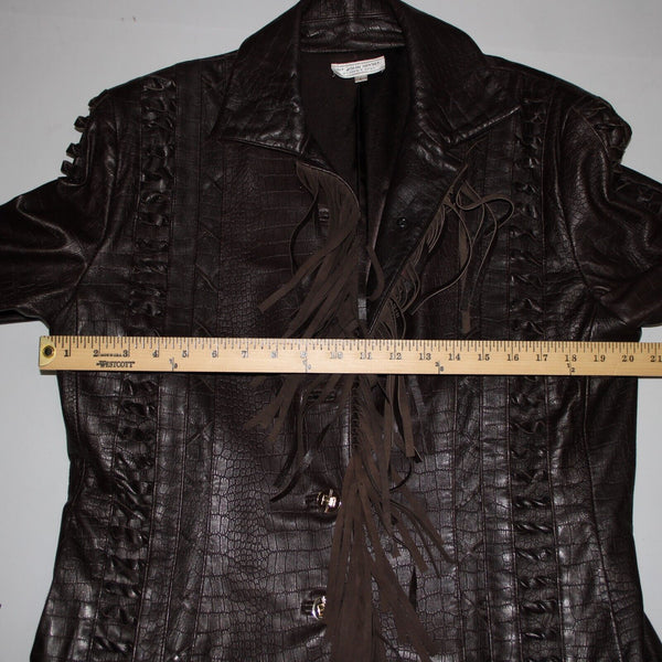 St John Sport Sz L Brown Fringed Western  Braided 100% Leather Poly Lined Jacket