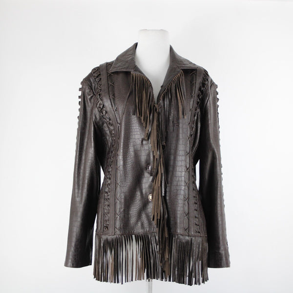 St John Sport Sz L Brown Fringed Western  Braided 100% Leather Poly Lined Jacket