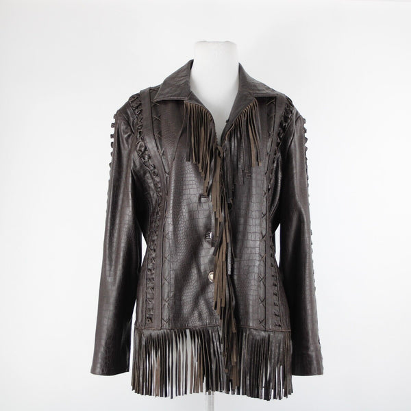 St John Sport Sz L Brown Fringed Western  Braided 100% Leather Poly Lined Jacket