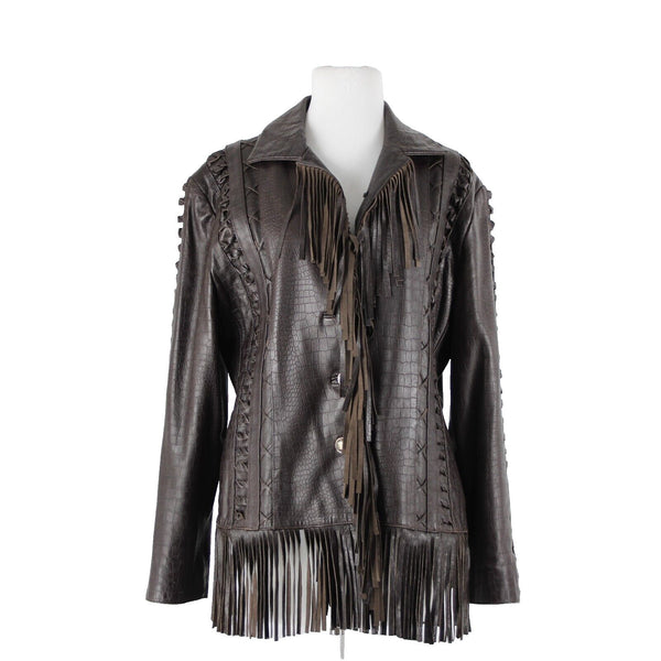St John Sport Sz L Brown Fringed Western  Braided 100% Leather Poly Lined Jacket