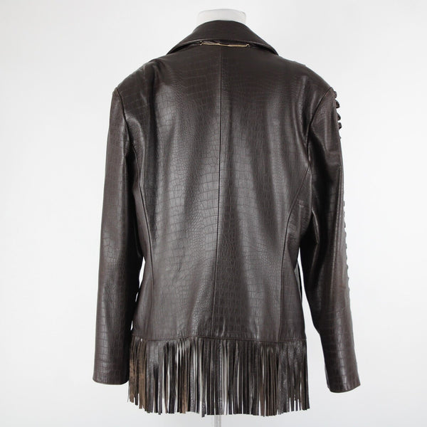 St John Sport Sz L Brown Fringed Western  Braided 100% Leather Poly Lined Jacket