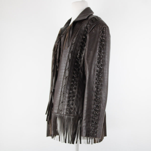 St John Sport Sz L Brown Fringed Western  Braided 100% Leather Poly Lined Jacket