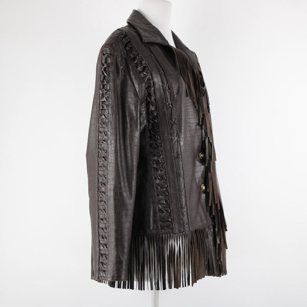 St John Sport Sz L Brown Fringed Western  Braided 100% Leather Poly Lined Jacket