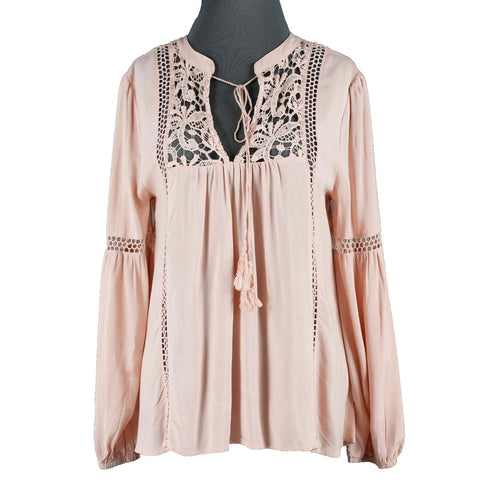 Blu Pepper Sz S Peach Hi Lo Lace Inserts Tie Neck Gathered Rayon Top