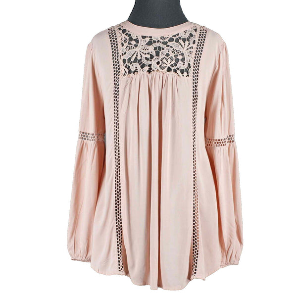 Blu Pepper Sz S Peach Hi Lo Lace Inserts Tie Neck Gathered Rayon Top