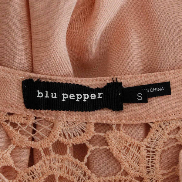 Blu Pepper Sz S Peach Hi Lo Lace Inserts Tie Neck Gathered Rayon Top