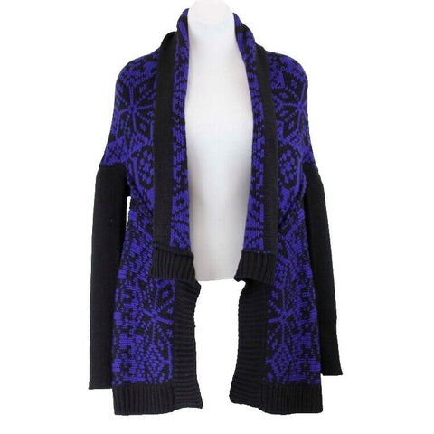 Dex M Royal Blue Black Snowflake Thick Knit Open Acrylic Cardigan Sweater