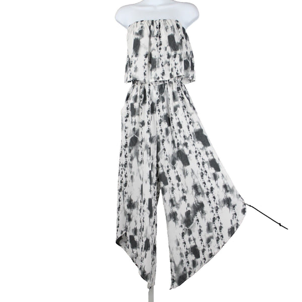 Tyche NEW $60 Sz S Grey Tie Dye Print Elastic Waist Flare Leg Polyester Jumpsuit