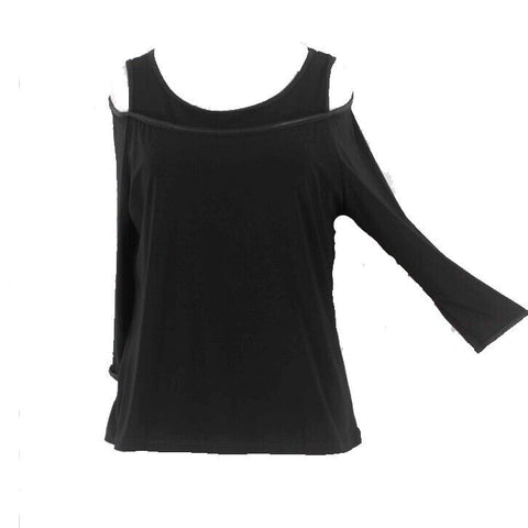 Clara S Sun Sz M Black Cold Shoulder Stretch Banding Accent Poly Blend Knit Top