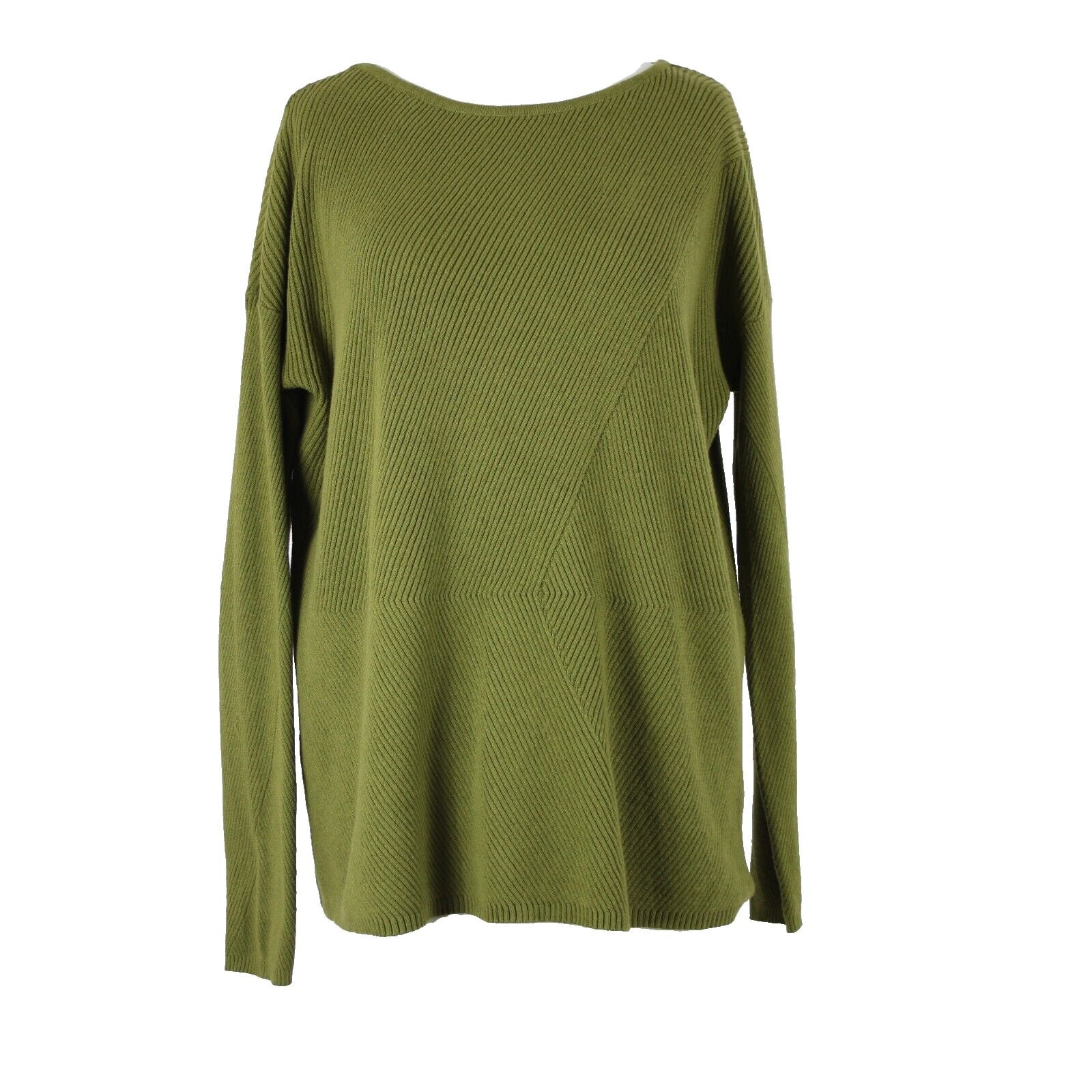J Jill Sz M Olive Green Ribbed Asymmetric Crew Neck Long Sleeve Cotton Nylon Top