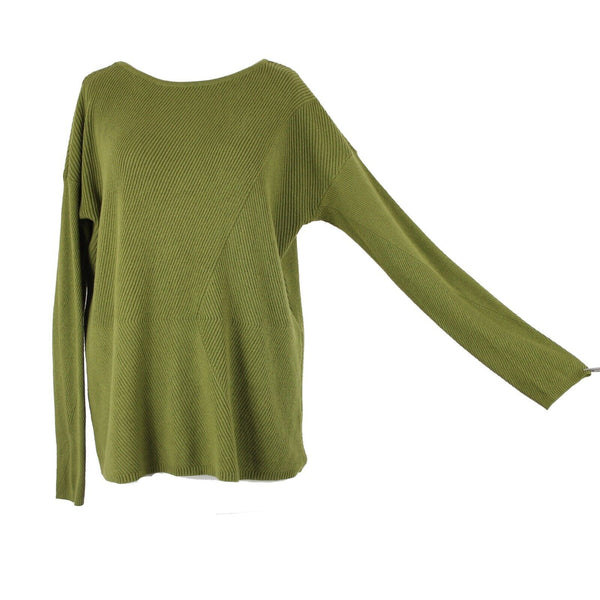 J Jill Sz M Olive Green Ribbed Asymmetric Crew Neck Long Sleeve Cotton Nylon Top