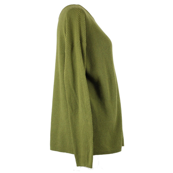 J Jill Sz M Olive Green Ribbed Asymmetric Crew Neck Long Sleeve Cotton Nylon Top