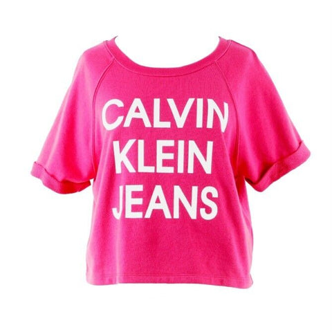 Calvin Klein NEW Sz XS Magenta White Logo Front Cuffed Cotton Poly Knit Mod Top