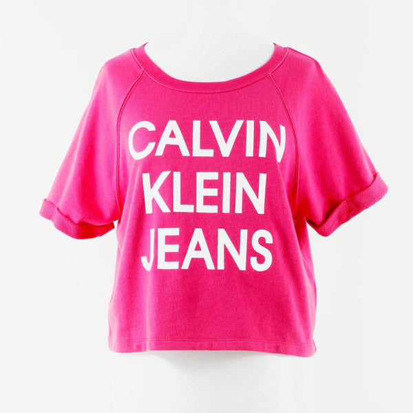 Calvin Klein NEW Sz XS Magenta White Logo Front Cuffed Cotton Poly Knit Mod Top