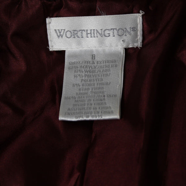 Worthington Sz 8 White Burgundy Gray Belt Pockets Acrylic Wool Lined Jacket