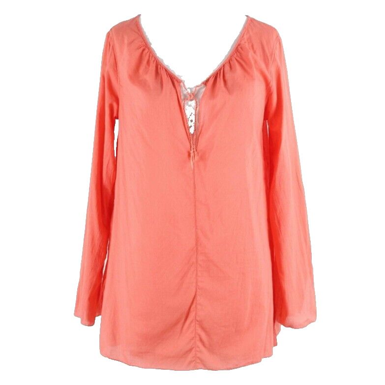 Eddie Bauer Sz XS Coral Tie Peasant Neckline Split Sides 100% Cotton Top