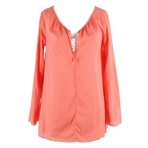 Eddie Bauer Sz XS Coral Tie Peasant Neckline Split Sides 100% Cotton Top