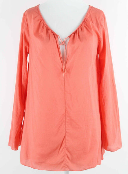 Eddie Bauer Sz XS Coral Tie Peasant Neckline Split Sides 100% Cotton Top