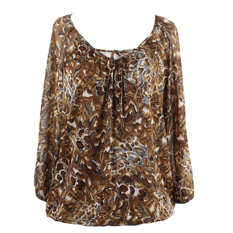INC Sz M Brown Multi Elastic Hemmed Lined Sheer 100% Polyester Peasant Top