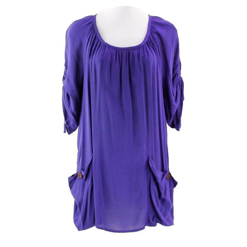 Odille M Purple Drawstring Slv Button Front Pocketed Rayon Tunic Top