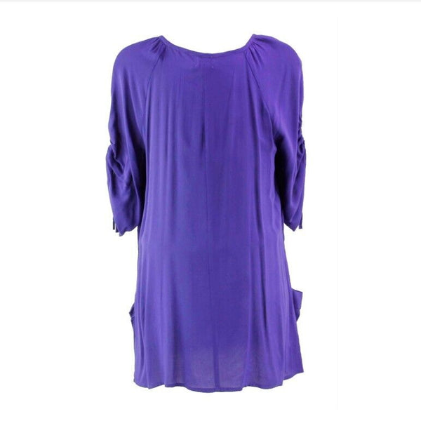 Odille M Purple Drawstring Slv Button Front Pocketed Rayon Tunic Top