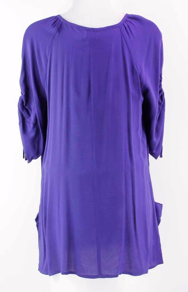 Odille M Purple Drawstring Slv Button Front Pocketed Rayon Tunic Top