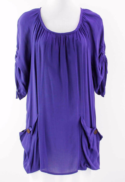 Odille M Purple Drawstring Slv Button Front Pocketed Rayon Tunic Top
