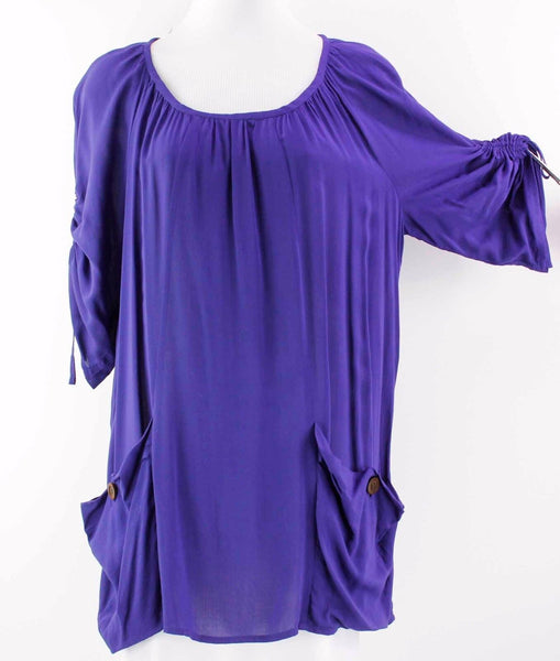 Odille M Purple Drawstring Slv Button Front Pocketed Rayon Tunic Top