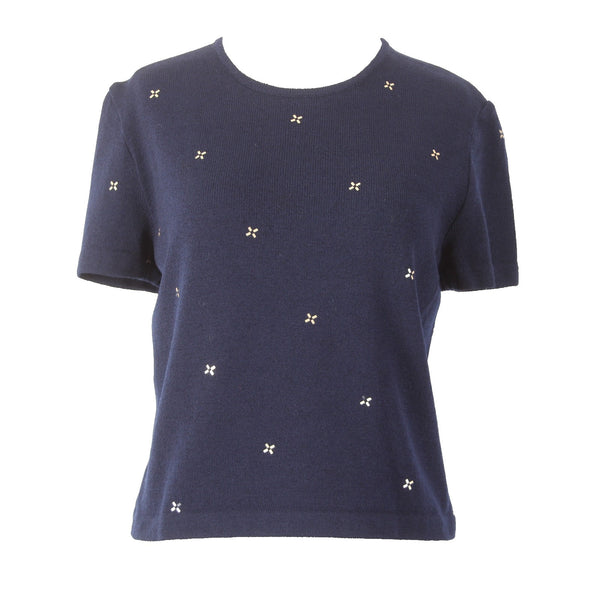 St John Top Sz M Navy Blue Gold Paillettes Santana Knit AS IS Top